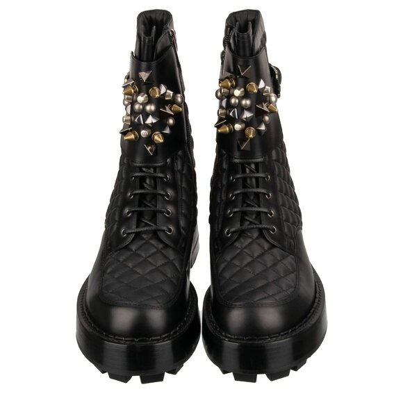 Dolce & Gabbana - Quilted Leather Biker Combat Boots with Logo and Studs Black 4 - Picture 3 of 5